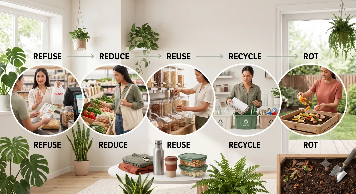 Infographic illustrating the 5 Rs of zero waste: Refuse, Reduce, Reuse, Recycle, and Rot with eco-friendly icons.