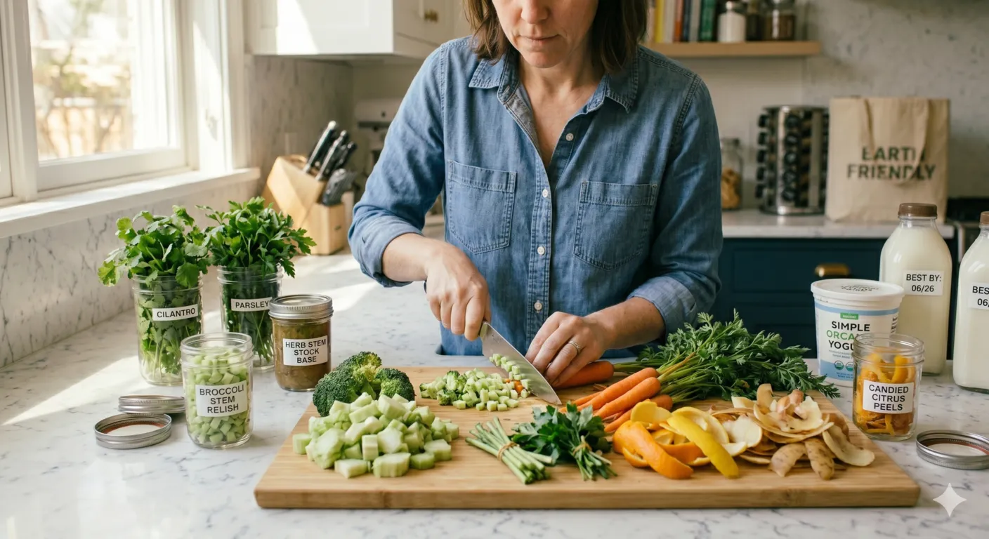 Home cook using vegetable stems and scraps for sustainable cooking