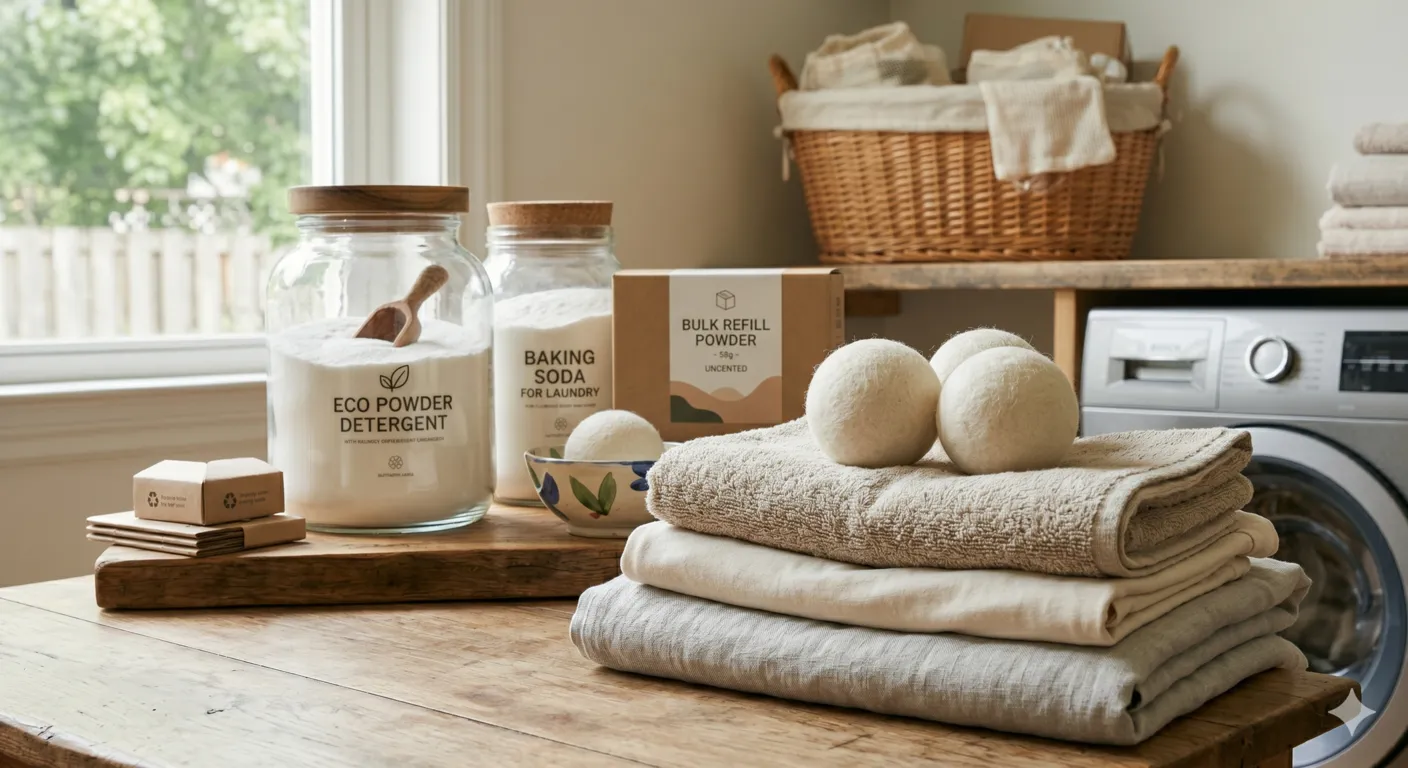 Natural wool dryer balls beside freshly folded laundry for an eco-friendly laundry routine