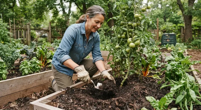 Gardener applying finished compost around vegetable plants to improve soil fertility naturally.