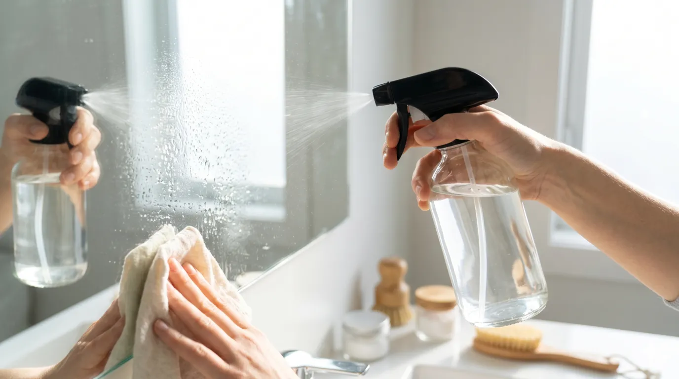 White vinegar in reusable glass spray bottle used as a natural cleaner for mirrors, glass, and hard water stains