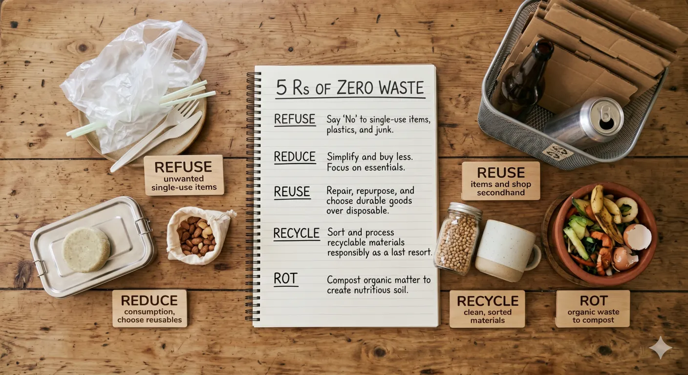Educational flat lay of zero waste essentials including reusable bottle, glass jars, cloth bag, and compost scraps on wooden desk representing the 5 Rs of sustainable living.