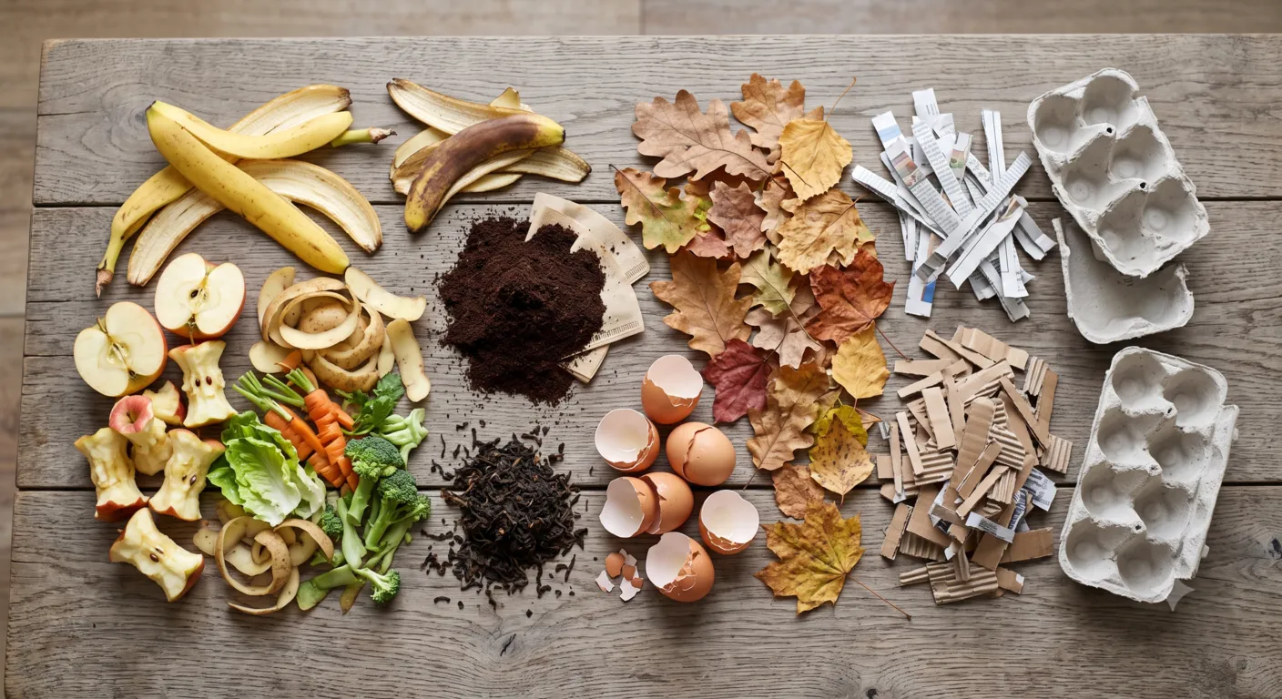 Compost-friendly kitchen scraps including fruit peels, vegetable scraps, coffee grounds, eggshells, dry leaves, and cardboard