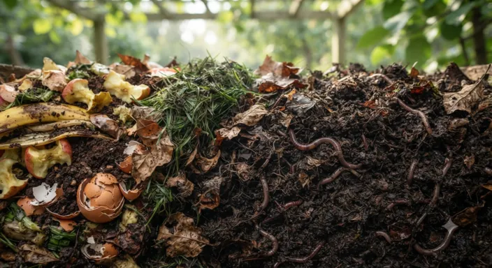 Backyard compost pile naturally breaking down food scraps and yard waste into rich organic compost.