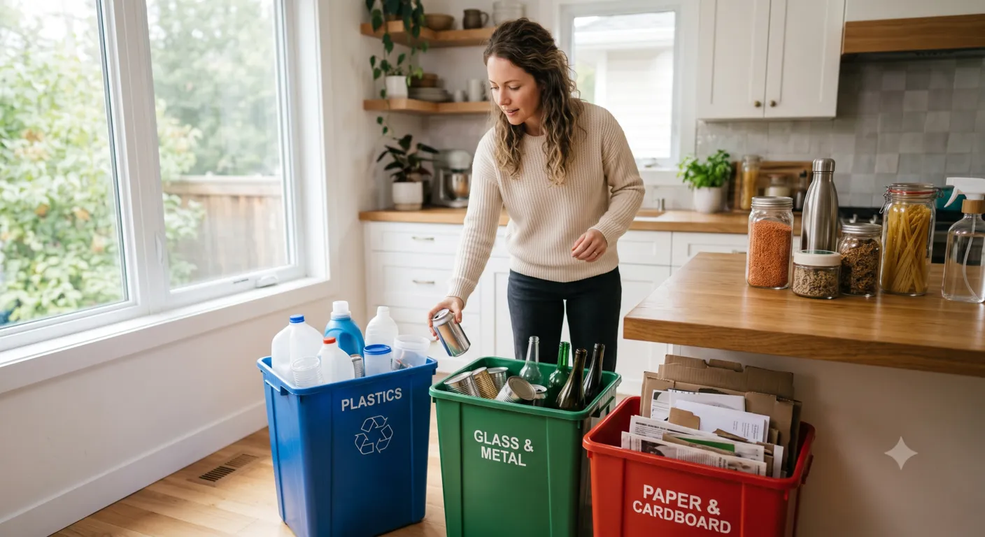 Household recyclable materials including paper, glass, plastic, and metal sorted into recycling bins for proper waste management.