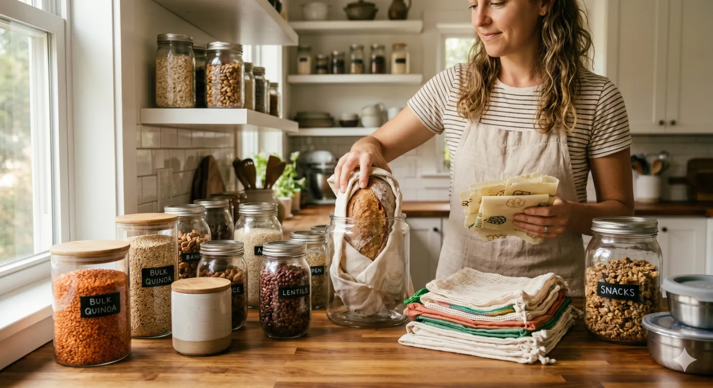 Modern kitchen with reusable containers and glass jars in zero waste home lifestyle