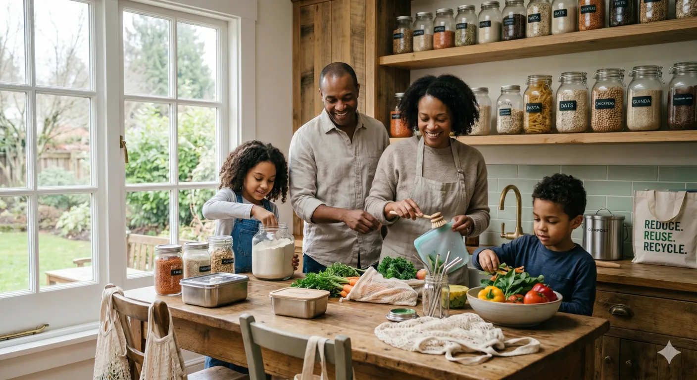 Sustainable zero waste kitchen with reusable products, bulk food storage, and composting system