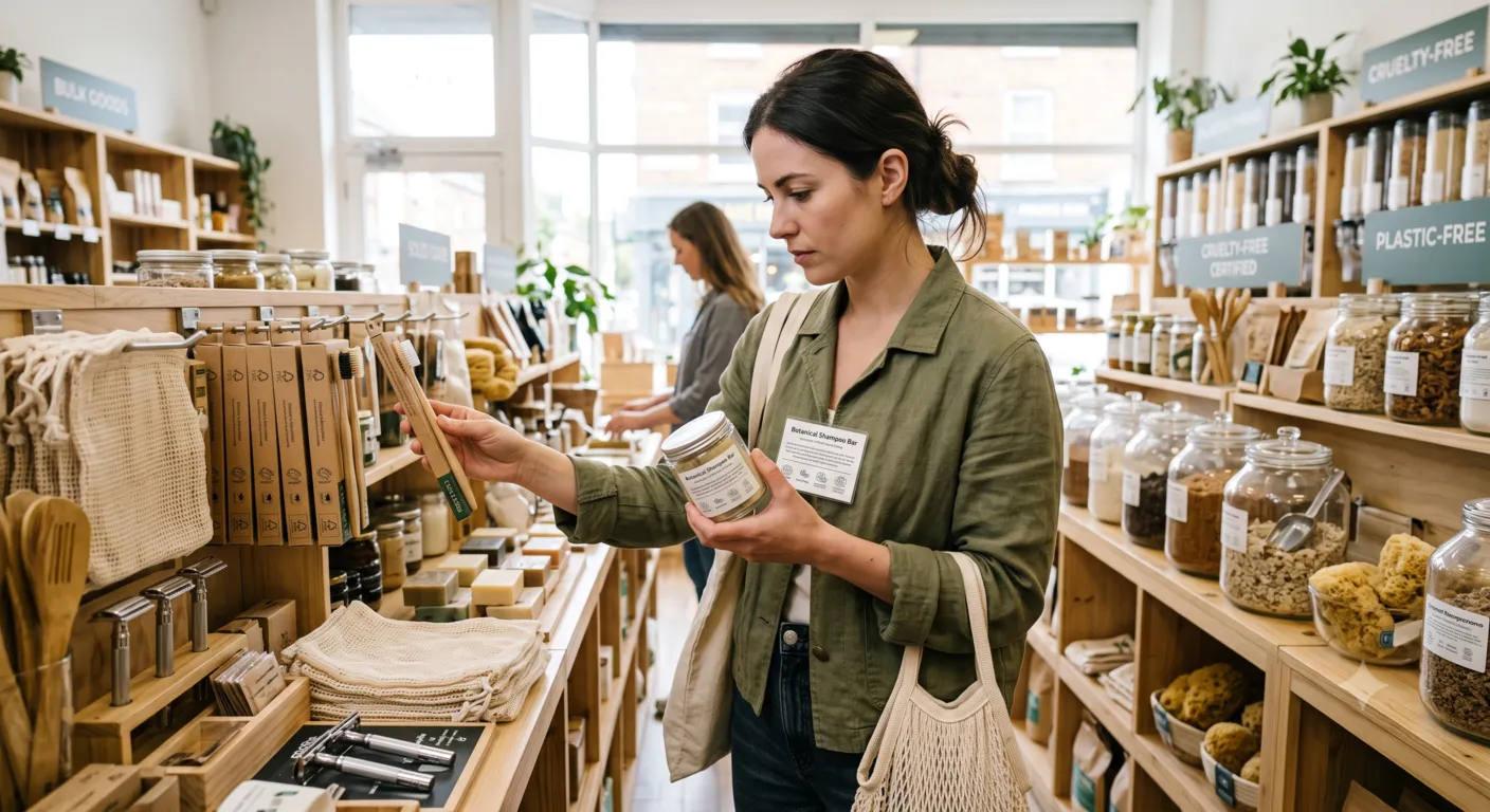 Shopper comparing eco-friendly reusable products before buying a starter kit