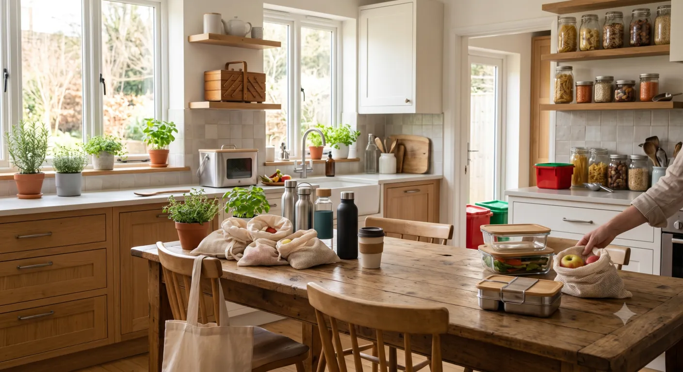 Eco-friendly lifestyle comparison showing reusable products creating less waste than single-use recyclable packaging.