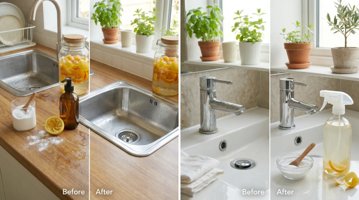 Effective natural cleaning ingredients including vinegar, baking soda, castile soap, and citrus for household cleaning