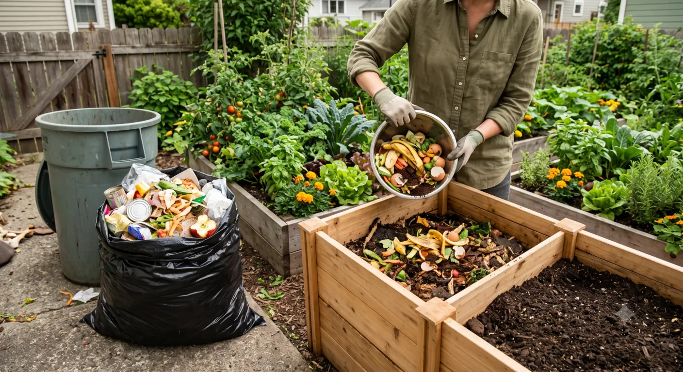 Composting food waste at home to reduce landfill waste, methane emissions, and improve healthy garden soil