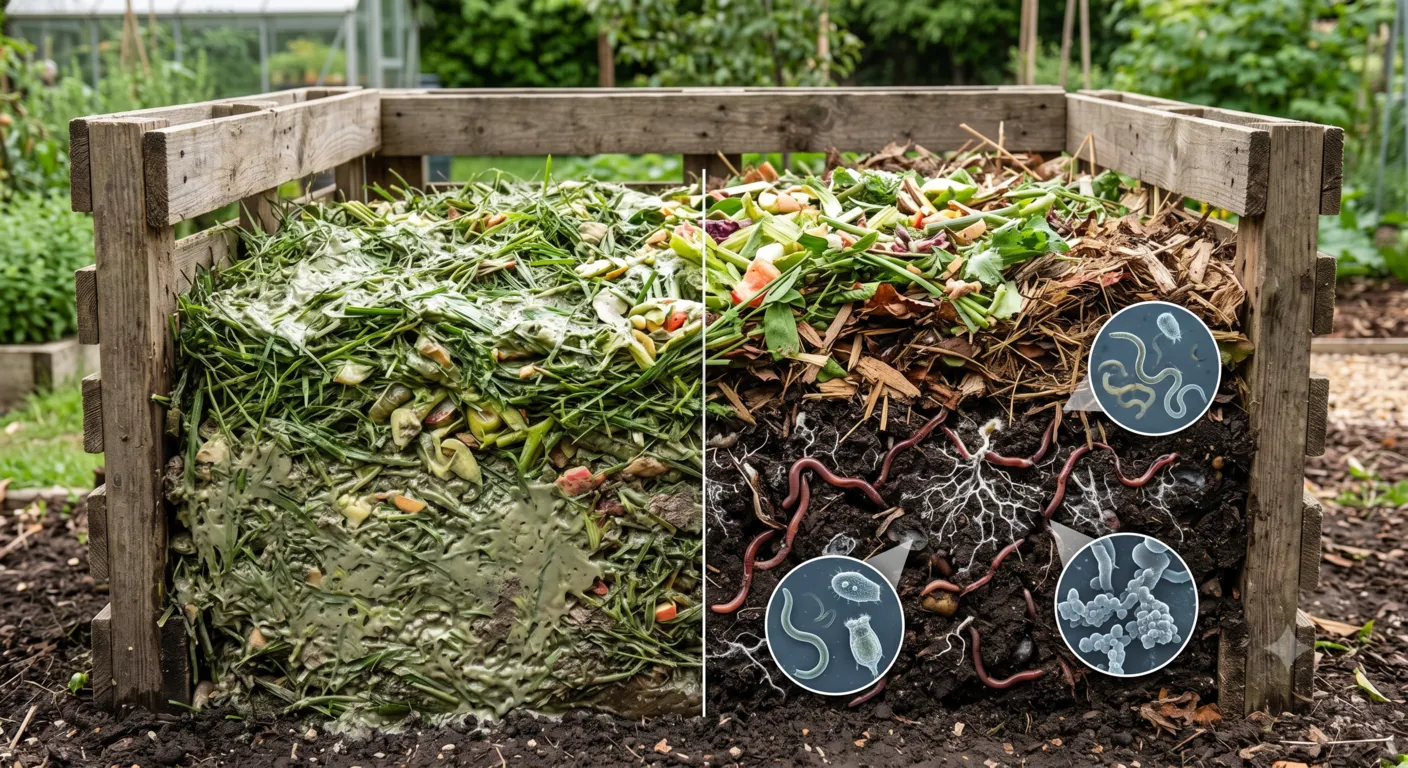 Healthy and unhealthy compost pile showing why composting sometimes fails.