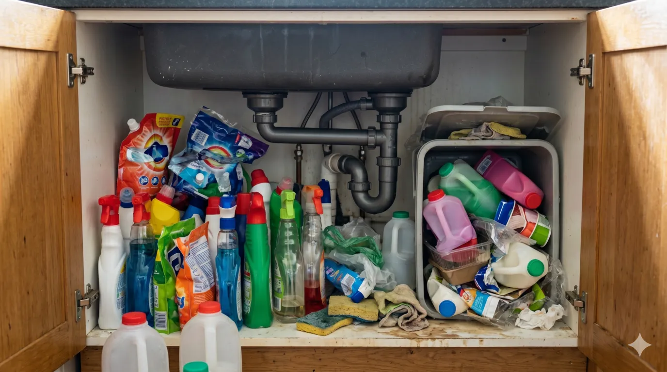 Plastic cleaning product bottles and disposable packaging creating unnecessary household waste under kitchen sink