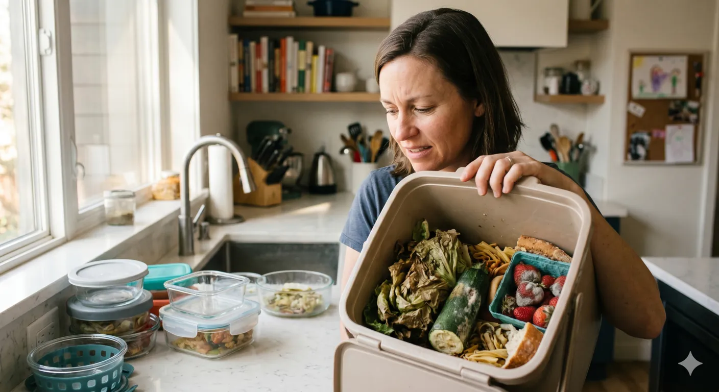 Homeowner examining spoiled vegetables and food waste in kitchen trash bin