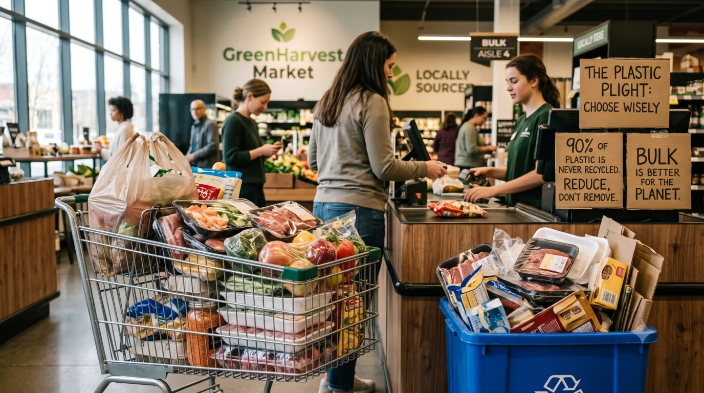 Plastic packaging and disposable bags creating unnecessary grocery shopping waste