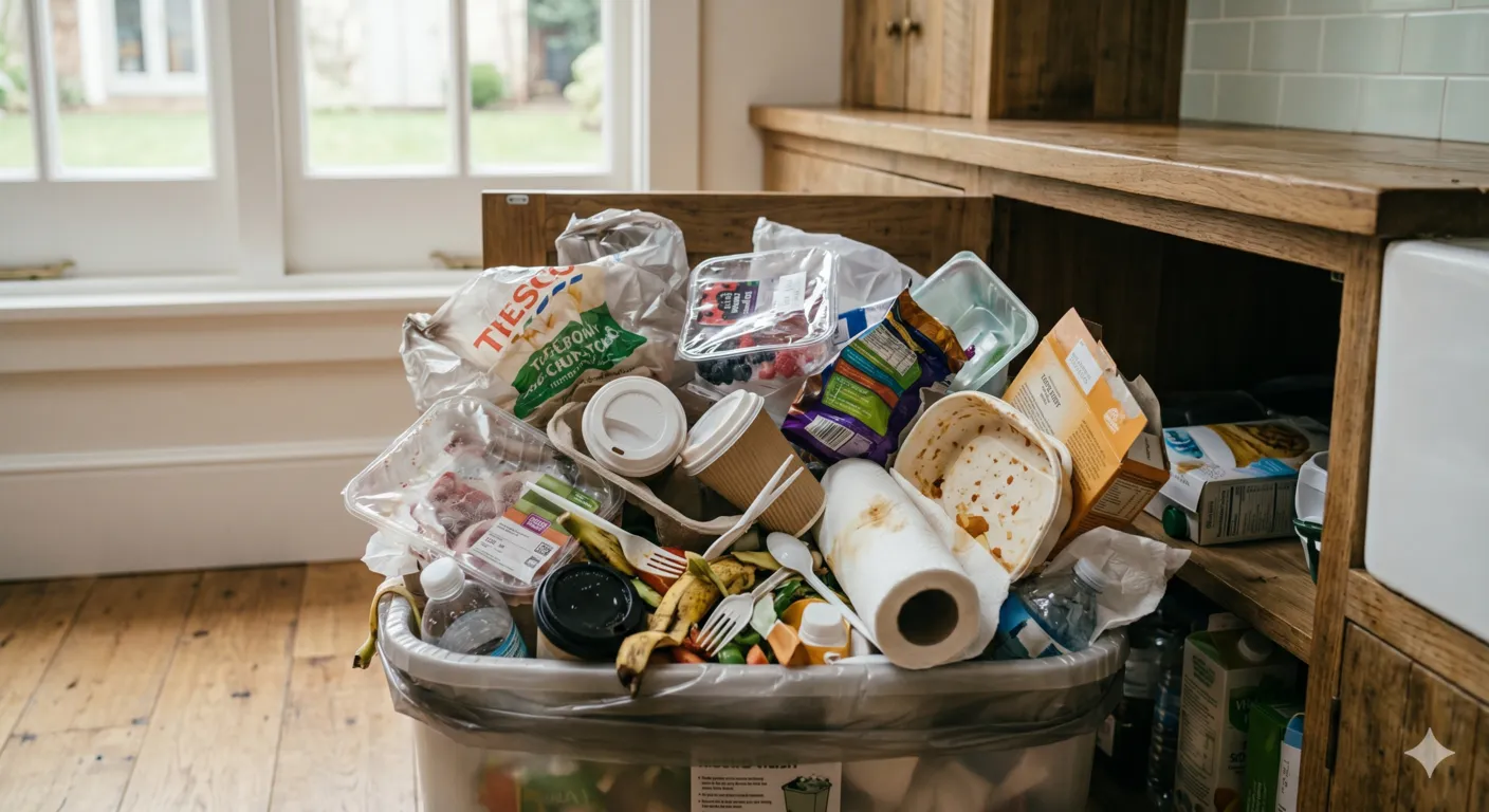 Common kitchen waste including plastic packaging, food scraps, disposable containers, and paper products
