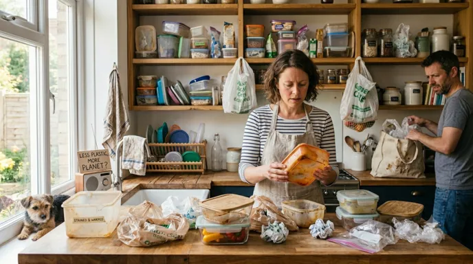 Damaged plastic food containers and disposable packaging creating household waste