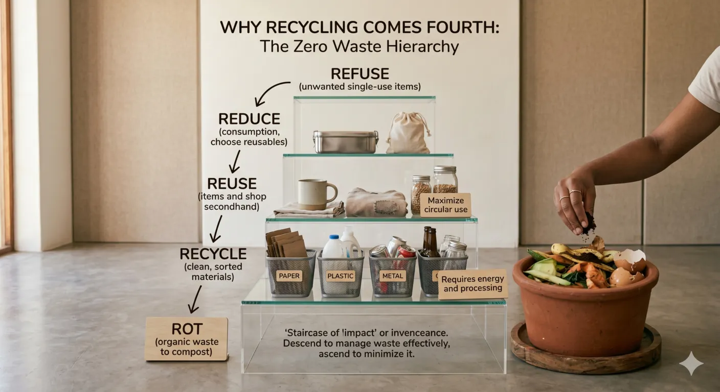 Conceptual infographic style visual showing hierarchy of zero waste principles from refuse to rot with recycling placed lower in importance in sustainability funnel.