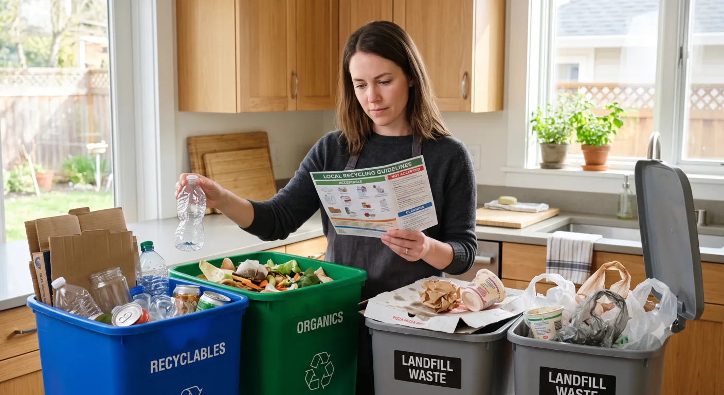 Homeowner following local recycling guidelines while separating recyclable and non-recyclable household waste correctly.