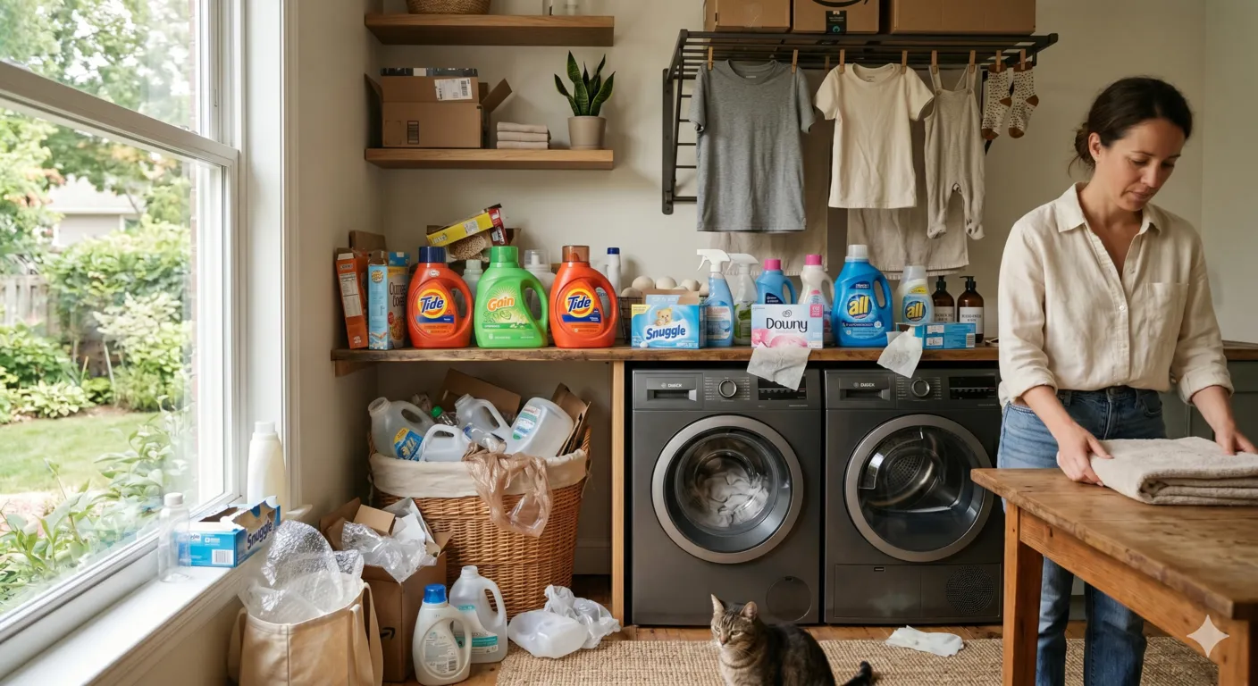 Traditional laundry products including plastic detergent bottles, dryer sheets, and packaging waste in laundry room