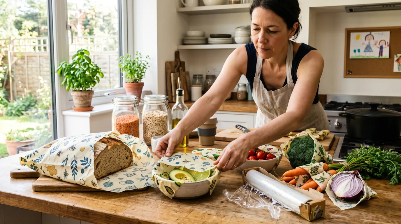 Person replacing plastic wrap with reusable beeswax food wraps