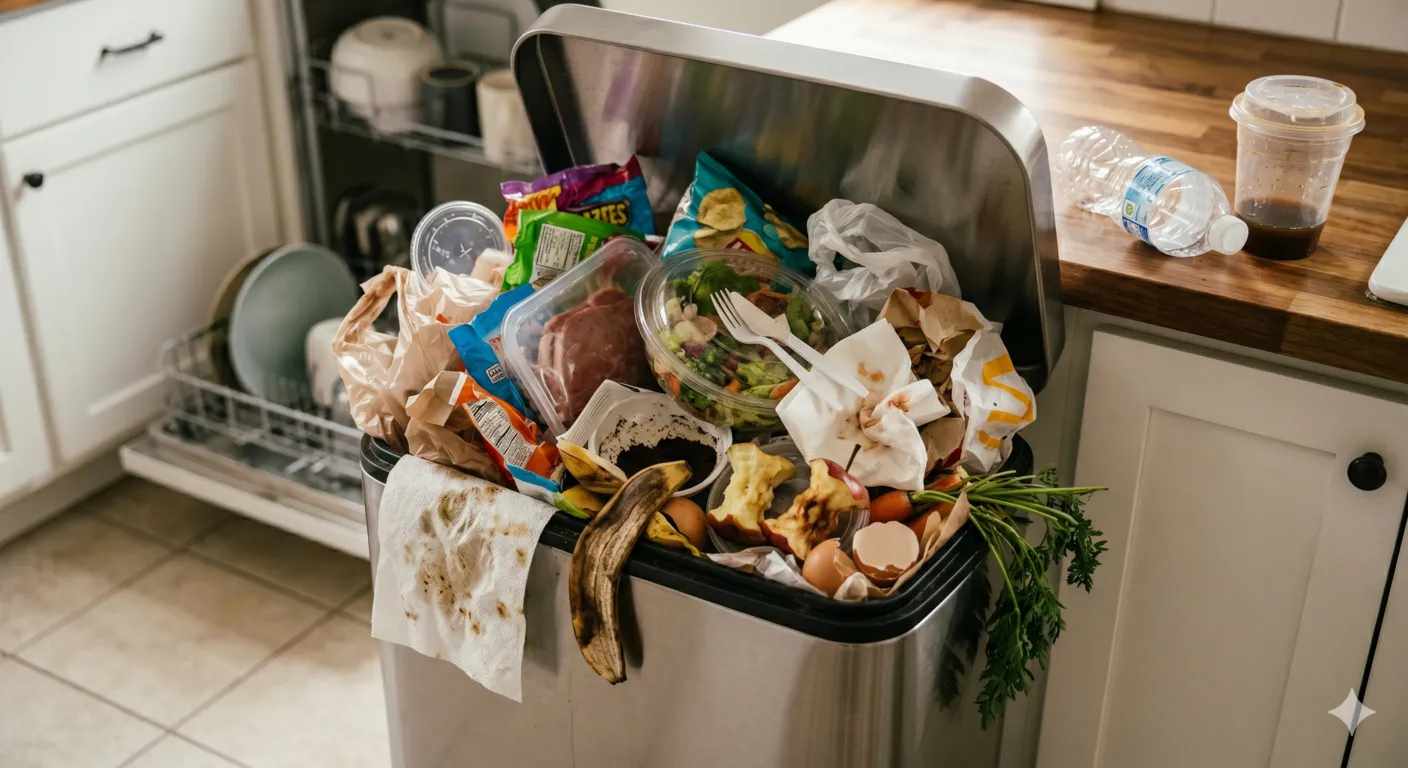 Kitchen trash bin filled with packaging waste, plastic wrappers, and food scraps