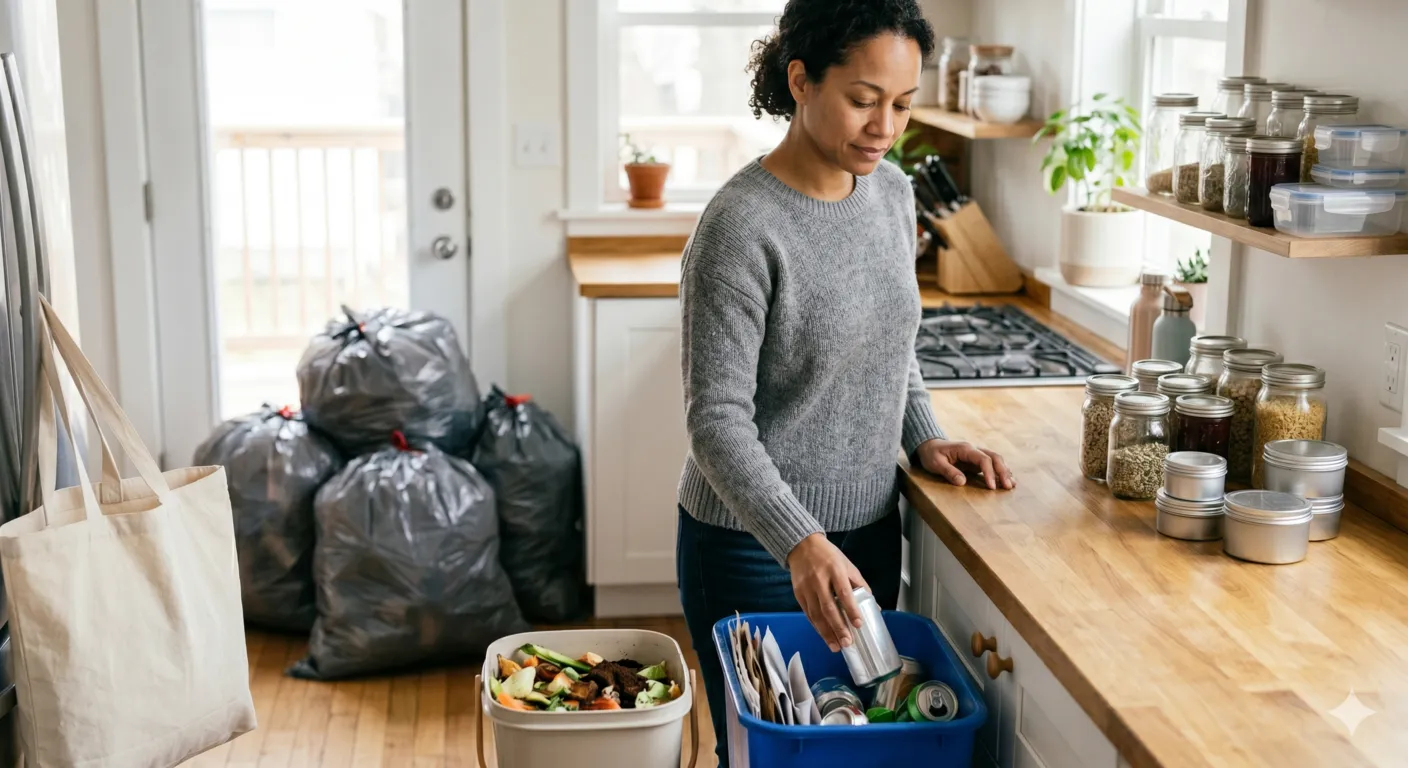 Person sorting compost, recyclables, and household waste to reduce environmental impact.