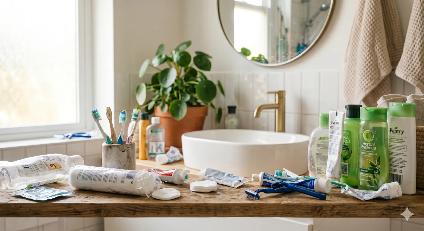 Bathroom sink filled with plastic waste including shampoo bottles, disposable razors, toothbrushes, and single-use packaging items