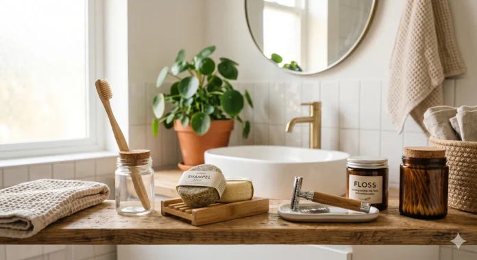 Zero Waste Bathroom Swaps Eco-friendly zero waste bathroom with bamboo toothbrush, safety razor, shampoo bar, and glass containers in modern minimalist setup