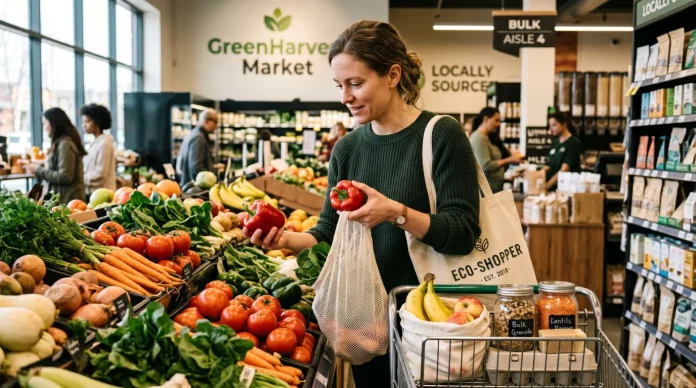 Zero Waste Grocery Shopping A Beginner's Guide to Shopping Smarter and Wasting Less Zero waste grocery shopping with reusable bags and package-free produce