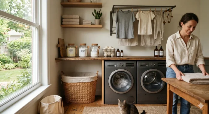 Zero Waste Laundry A Beginner's Guide to an Eco-Friendly Wash Routine Eco-friendly laundry room with wool dryer balls, glass detergent jars, drying rack, and sustainable laundry essentials
